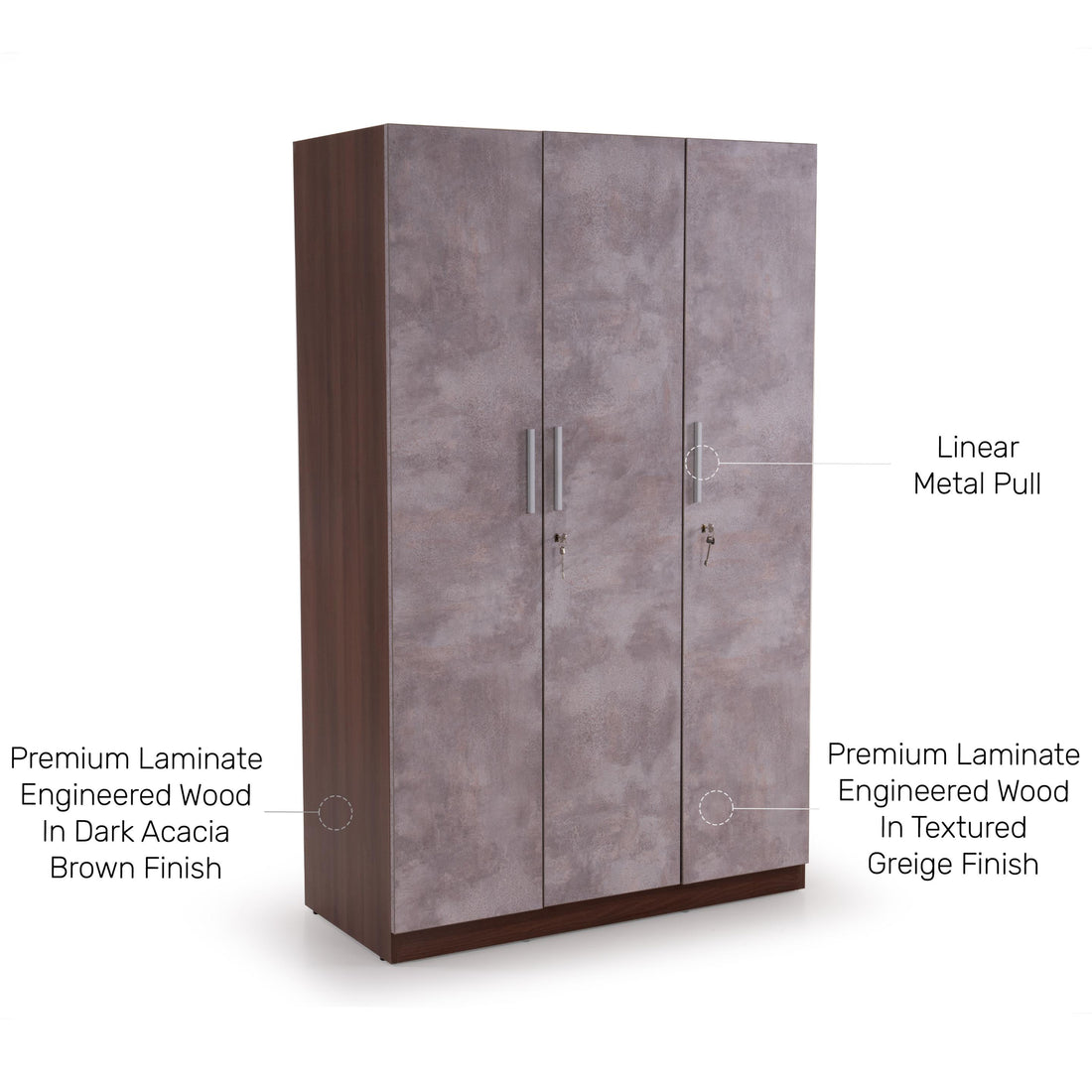 The Claudia 3-Door Wardrobe in Textured Greige & Acacia