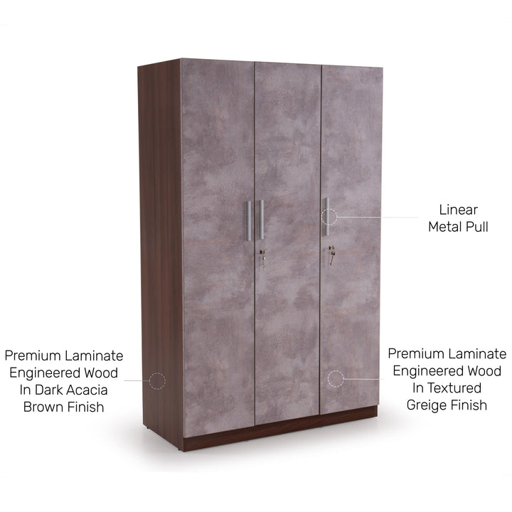 The Claudia 3-Door Wardrobe in Textured Greige & Acacia