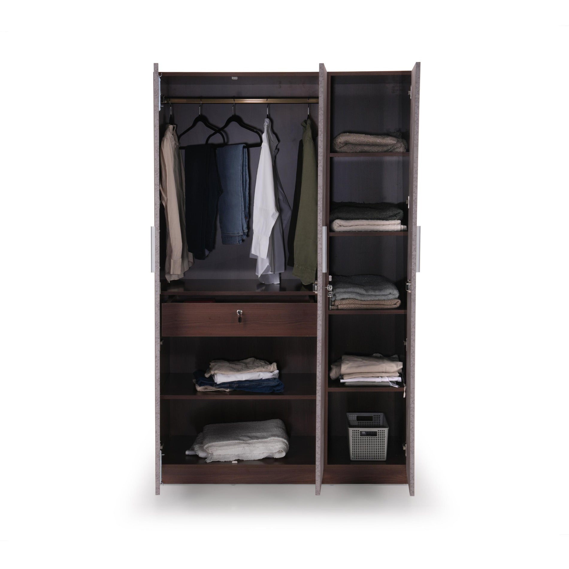 The Claudia 3-Door Wardrobe in Textured Greige & Acacia
