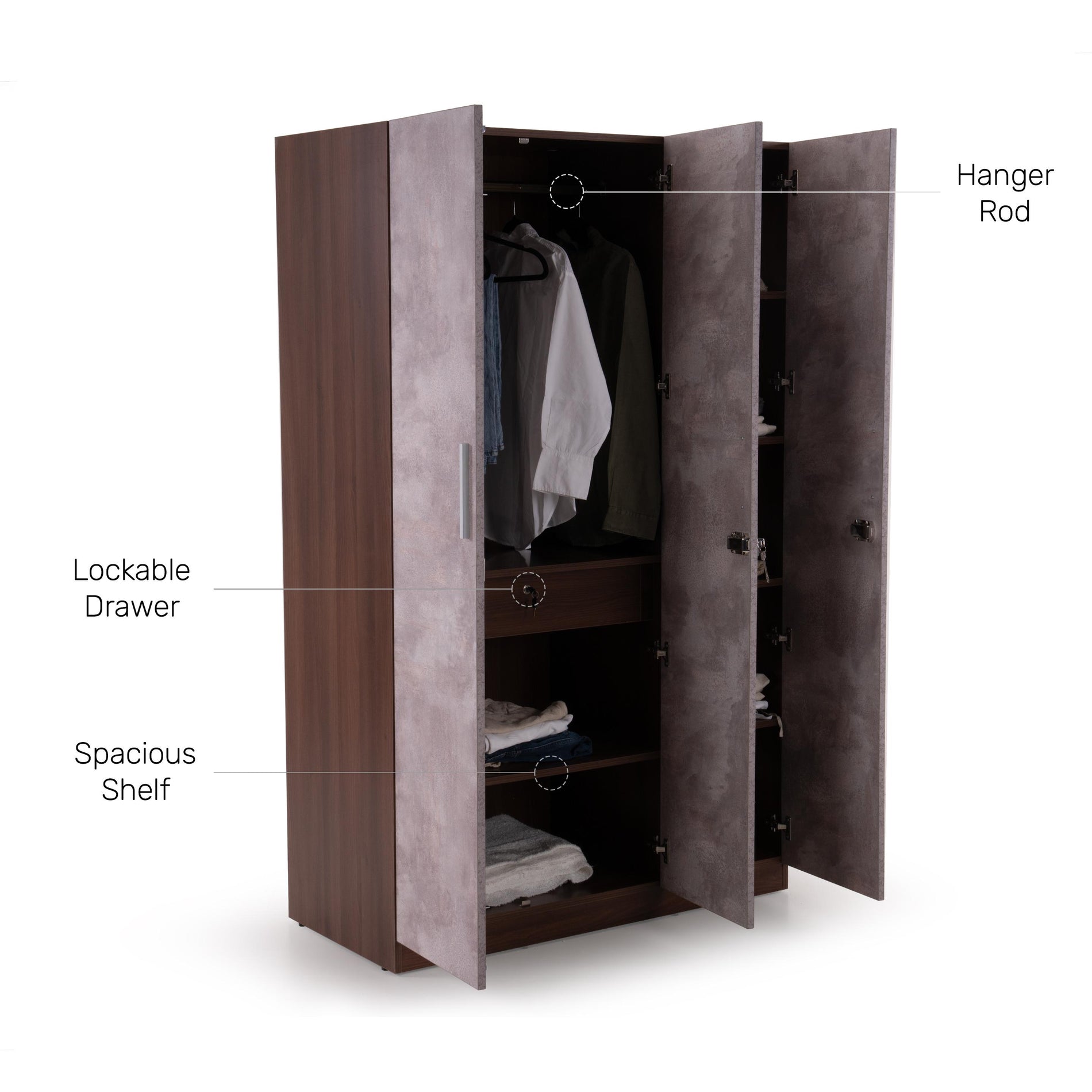 The Claudia 3-Door Wardrobe in Textured Greige & Acacia