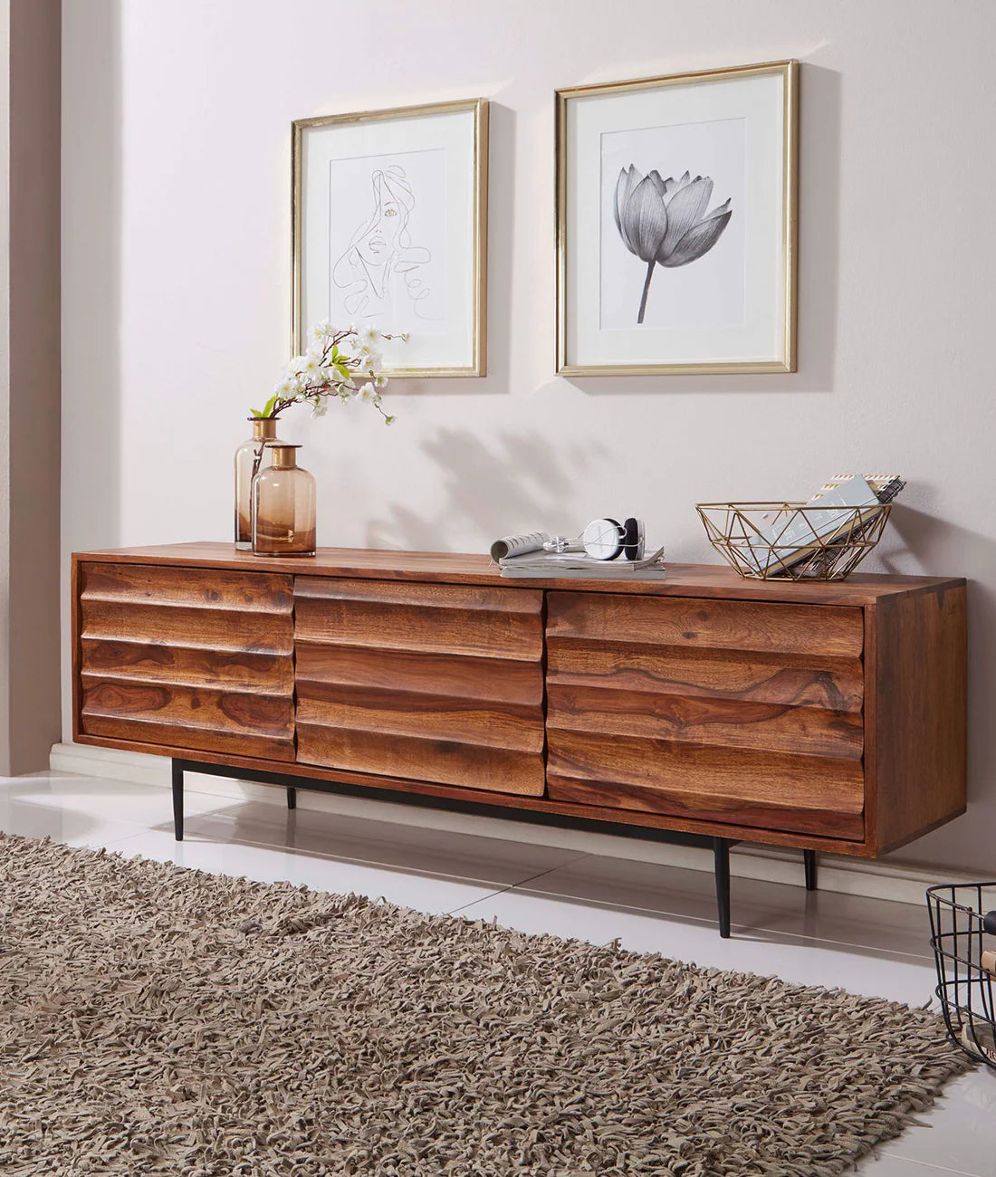 Caen Solid Wood Tv Cabinet Iron Base