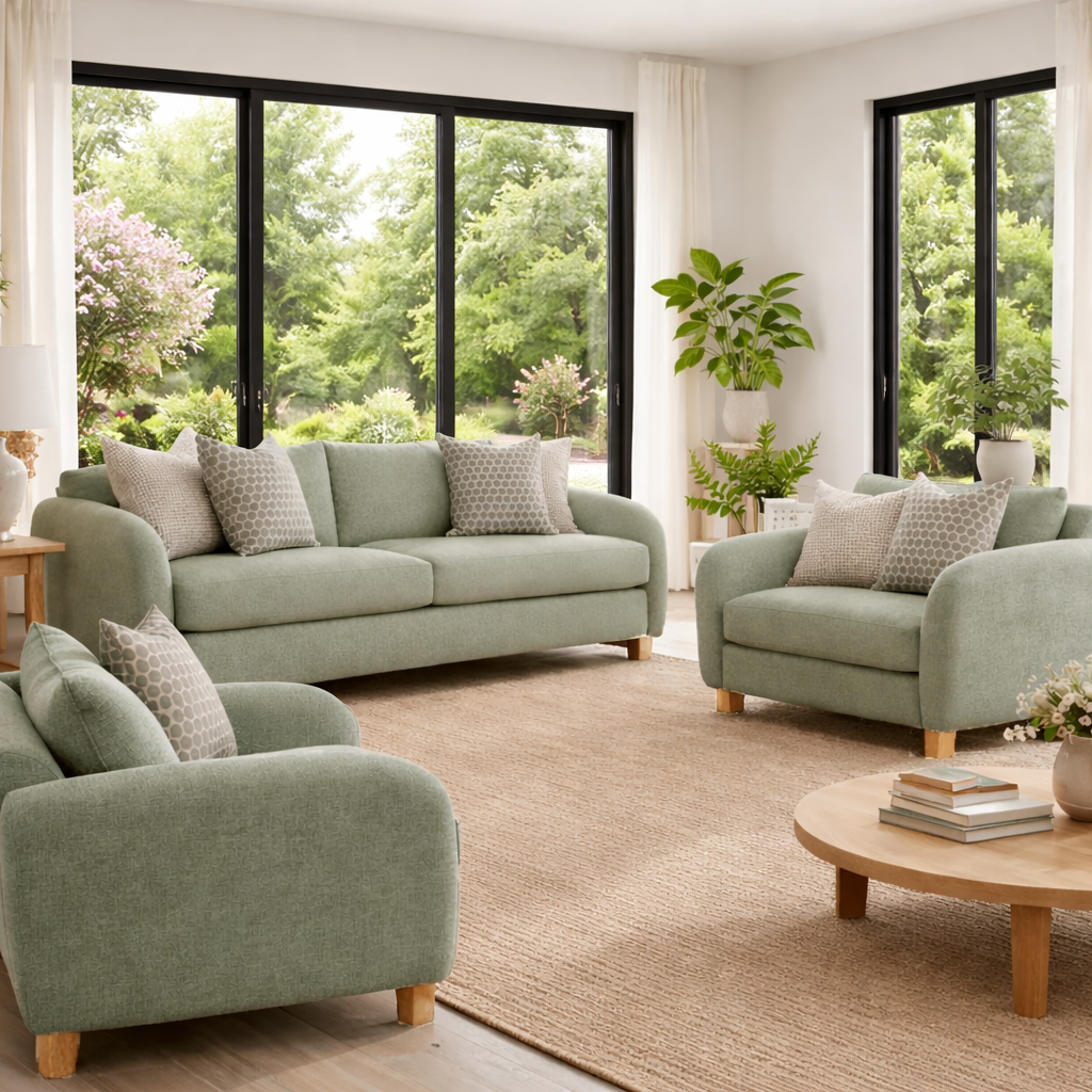 Mellow Plush Wooden Upholstered Sofa Set