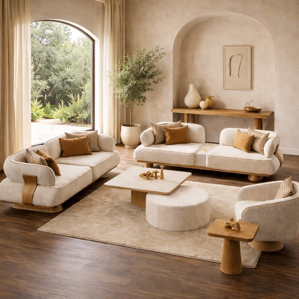 Crest Plush Wooden Upholstered Sofa Set