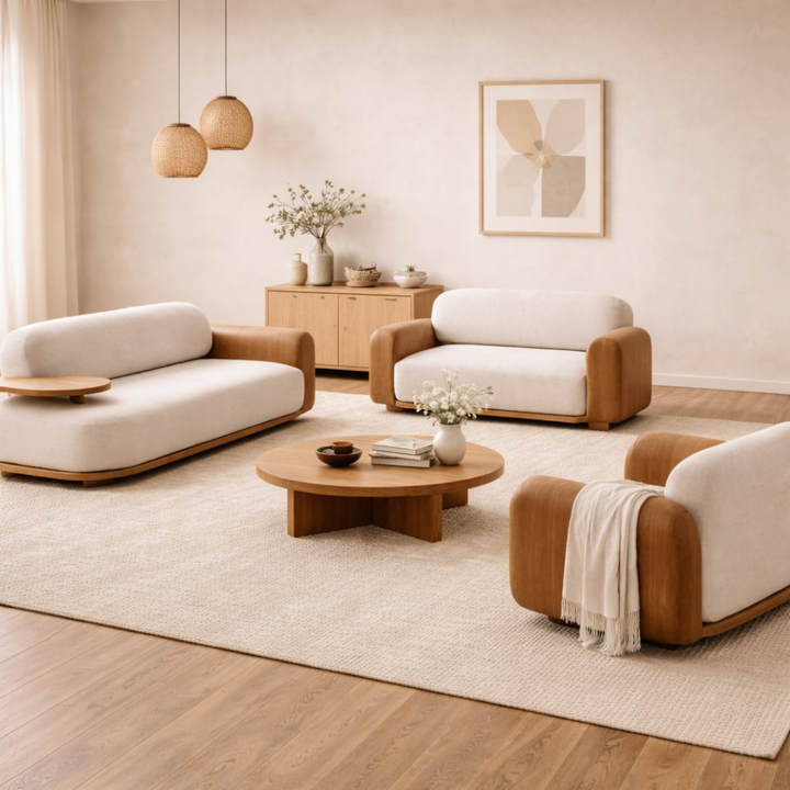 Monte Plush Wooden Upholstered Sofa Set