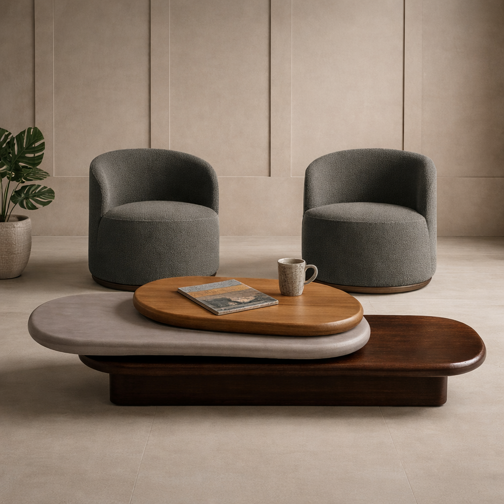 Pebble Rotating 3-Tier Solid Wood Coffee Table