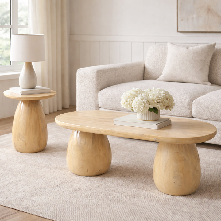 Akira Oval top Solid Wood Center Table & Side Table Combo