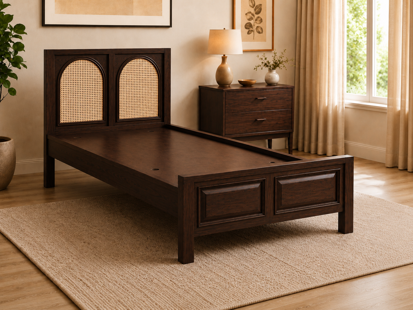 Modern Solid Wood Single Bed with Cane Headboard