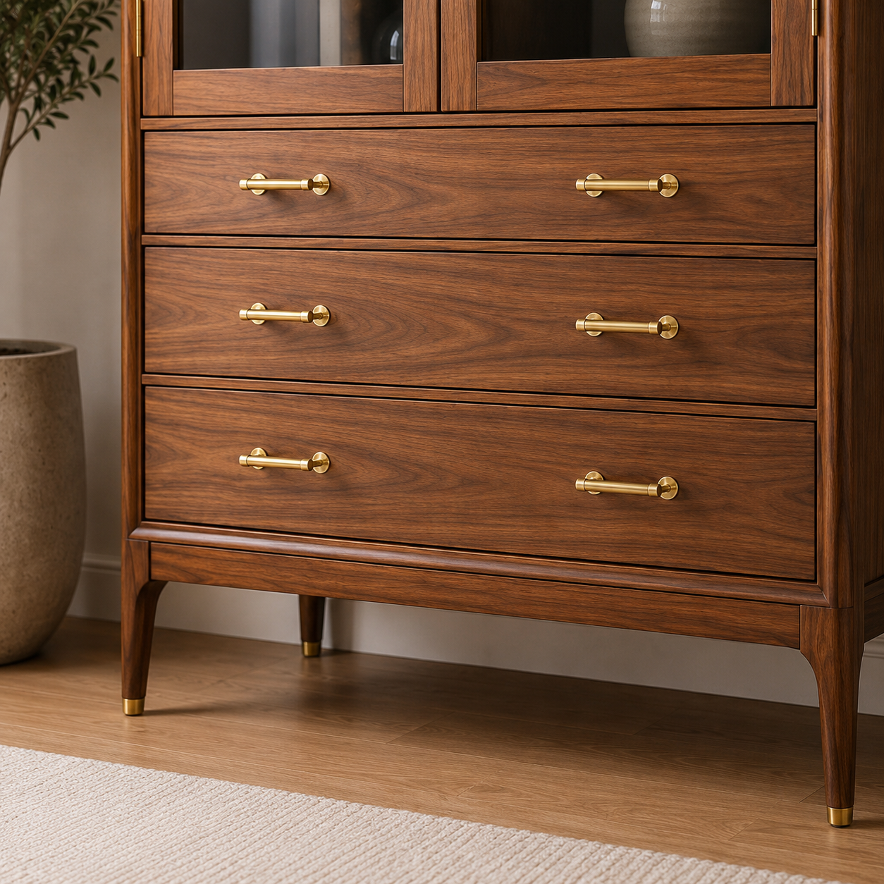 Solid Wood Glass Door Display Cabinet with Drawers