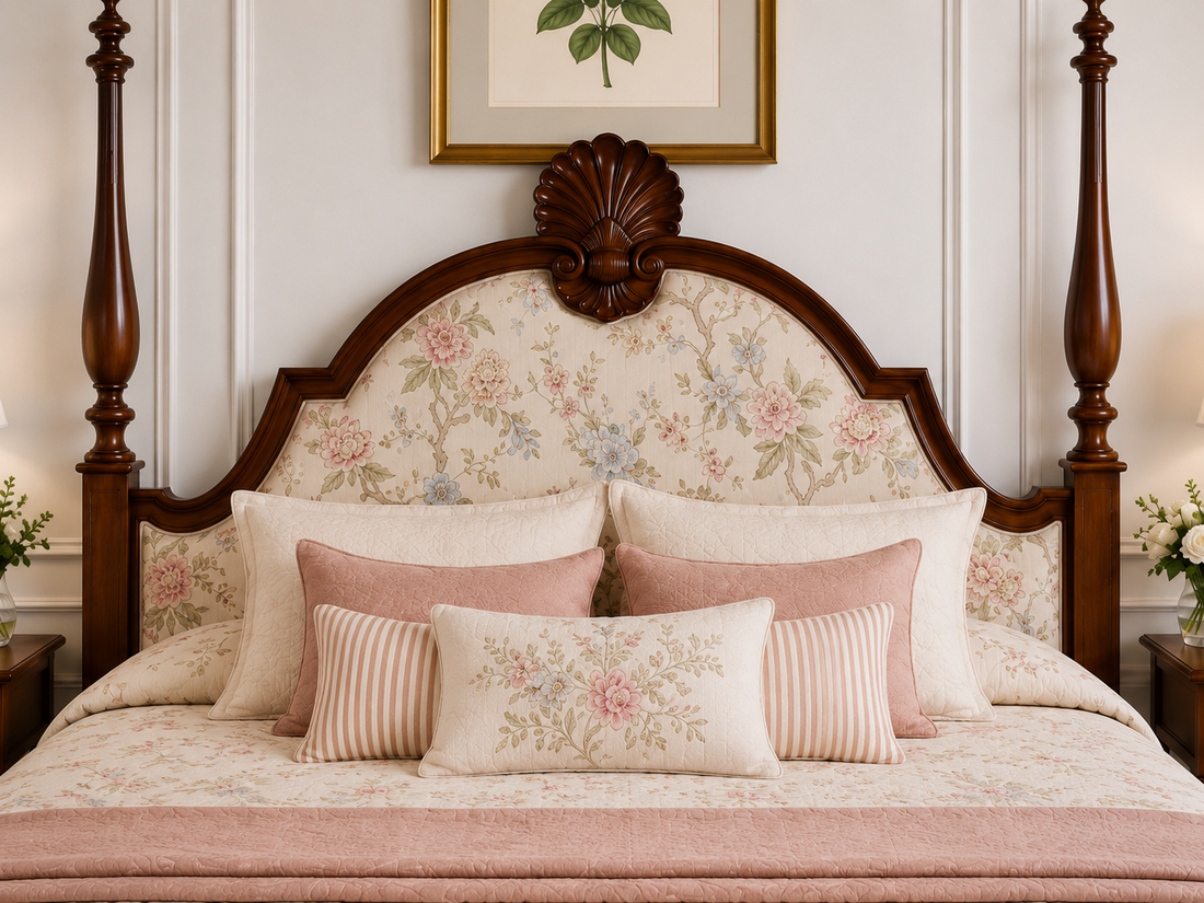 Regal Floral Upholstered Poster Bed