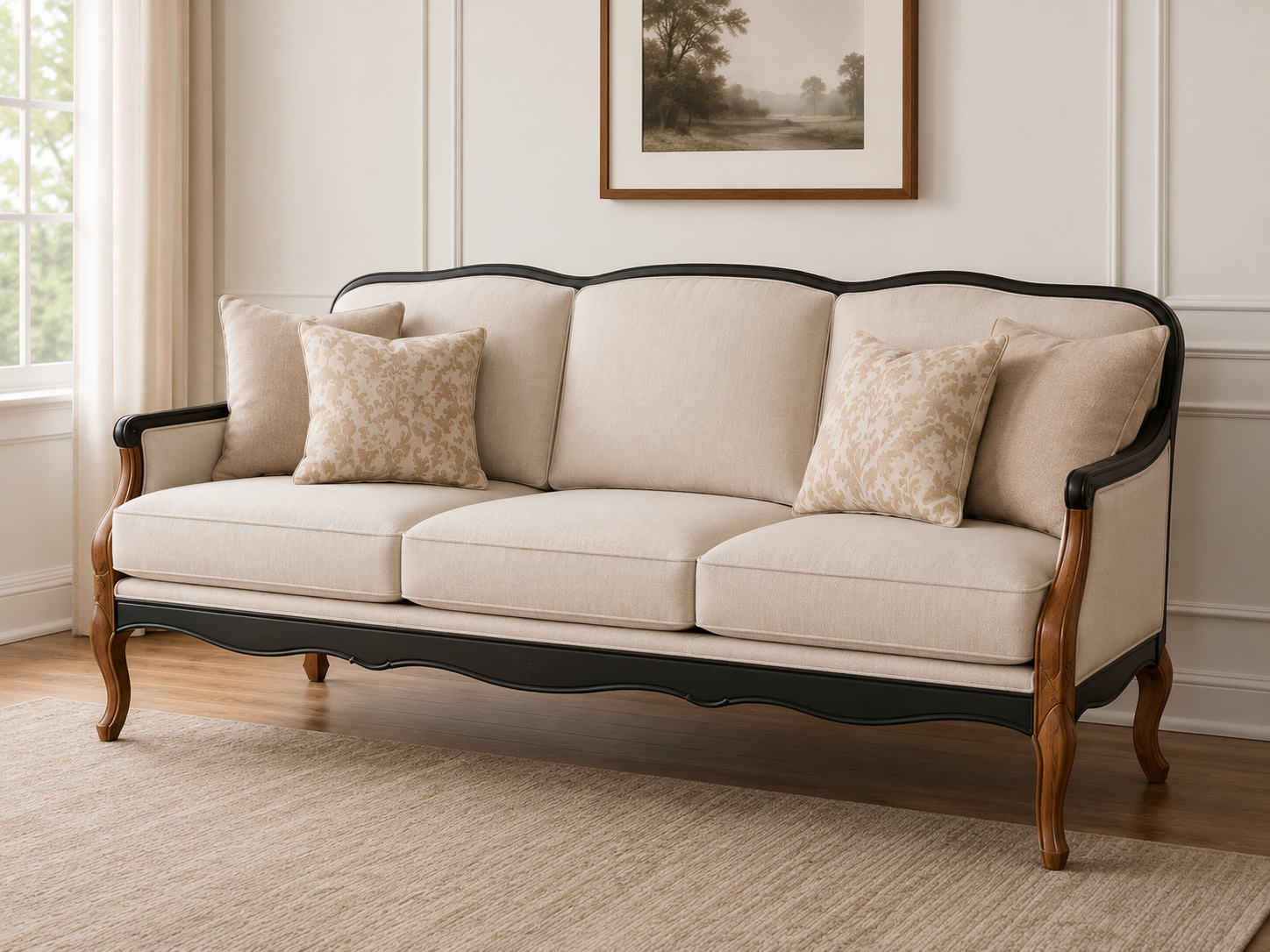 Luxury French Classic Wooden Sofa Set (3+1+1) – Cream Upholstery with Dual-Tone Finish