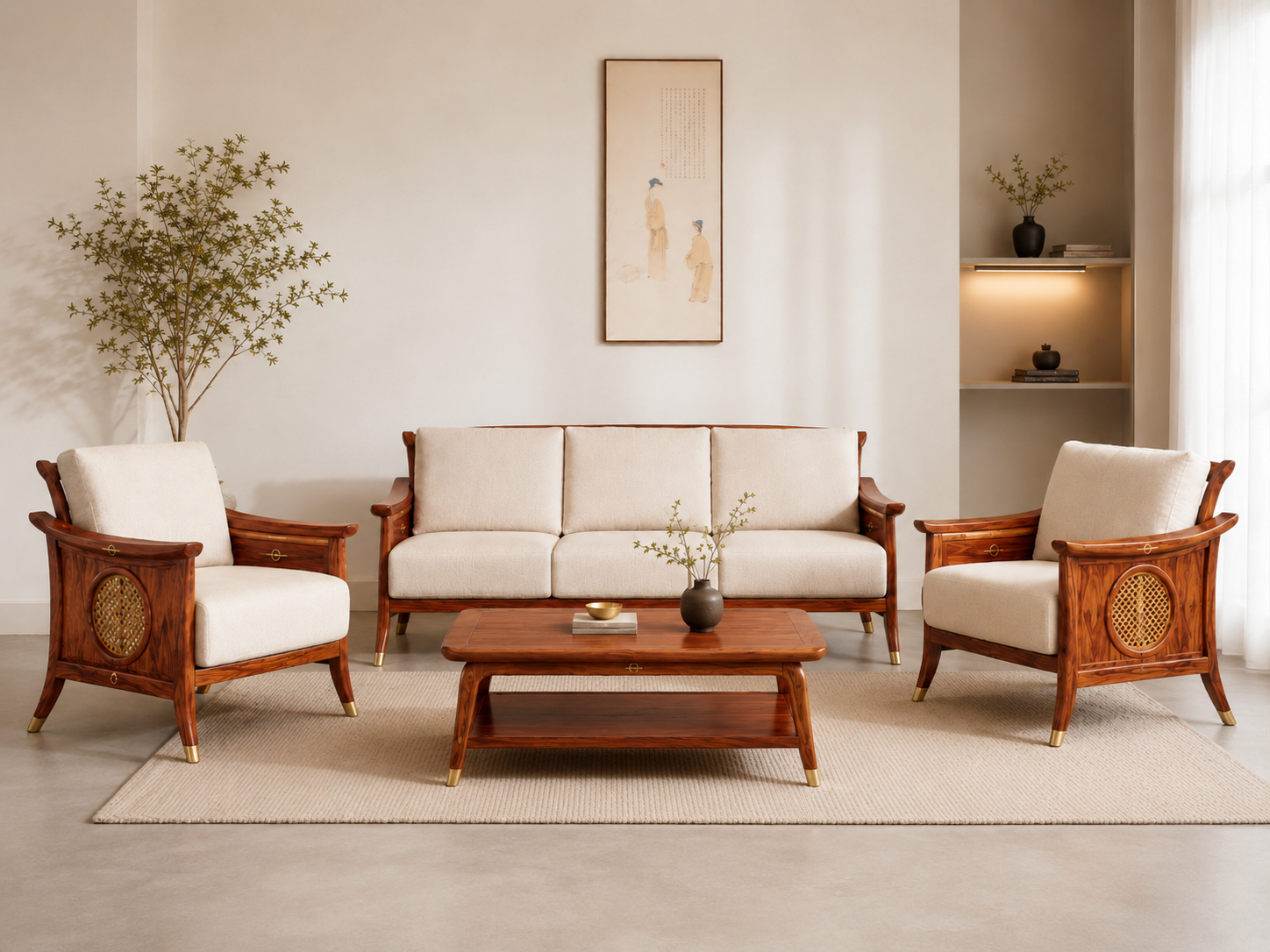 Premium Wooden Living Room Sofa Set with Cane Panel (3+1+1)