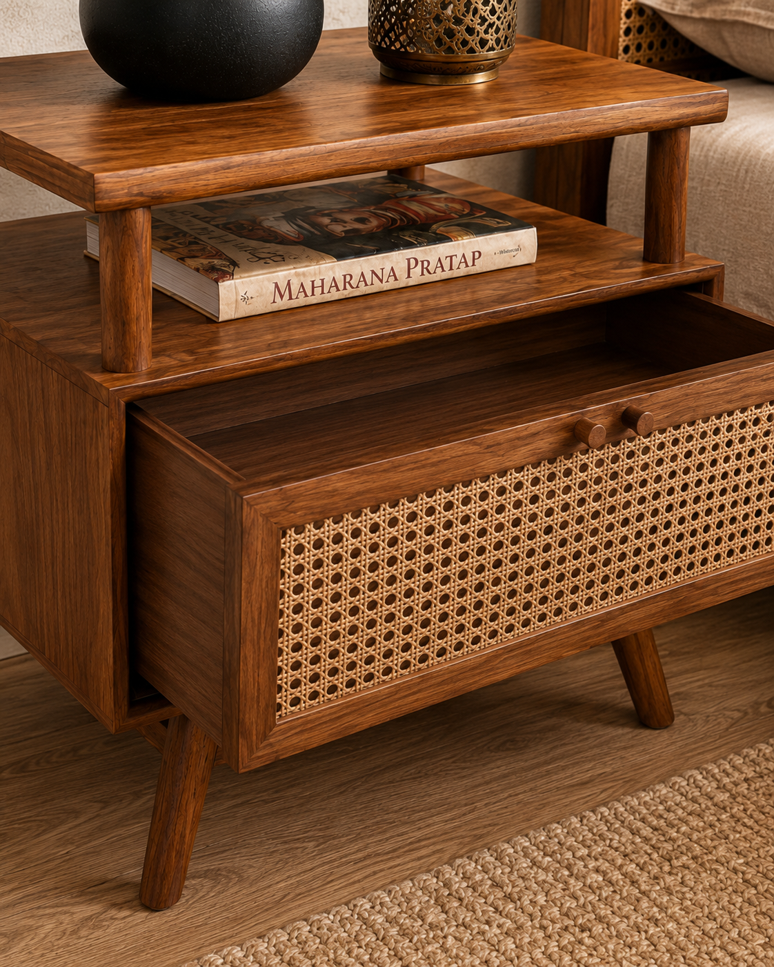 Solid Wood Cane Bedside Table with Open Shelf