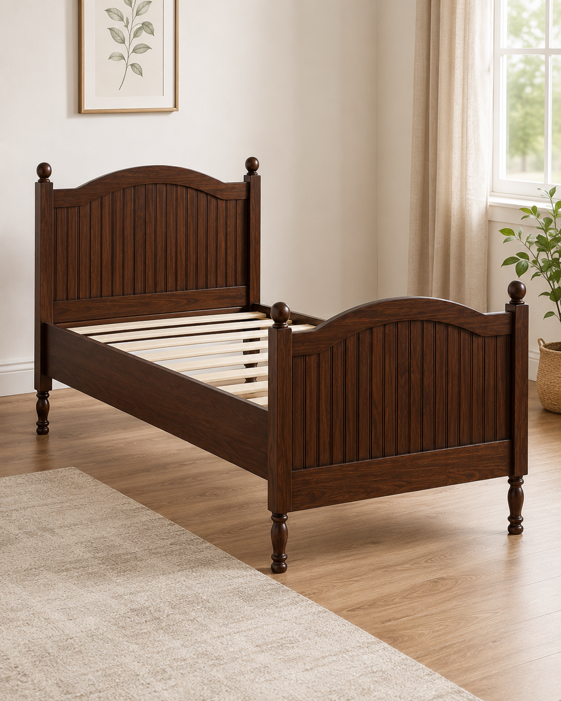 Classic Solid Wood Single Bed with Arched Panel Headboard