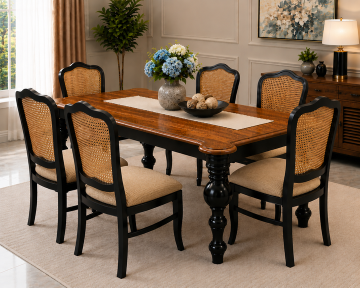 Luxury Cane Back Dining Set with Solid Wood Table & 6 Chairs