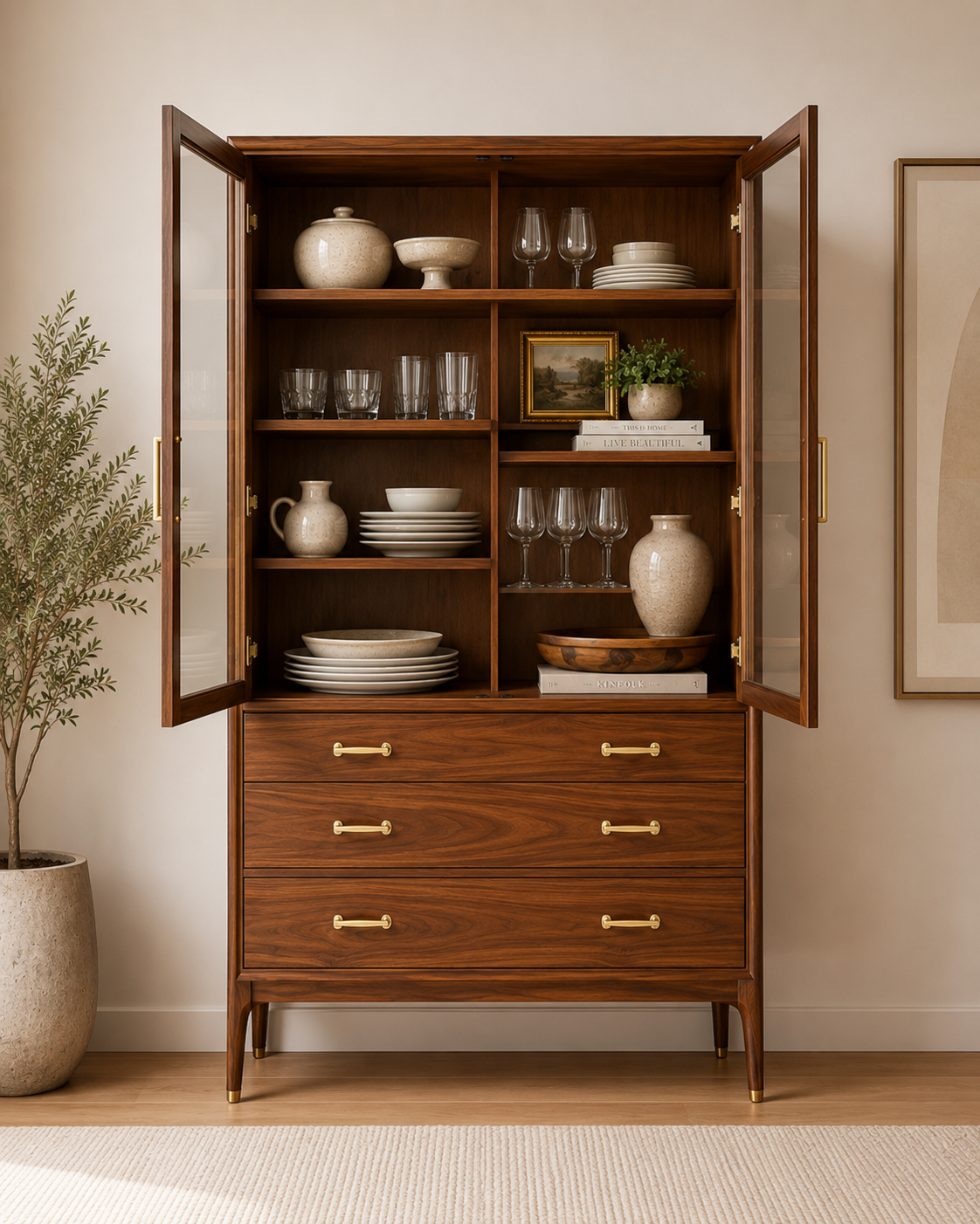 Solid Wood Glass Door Display Cabinet with Drawers