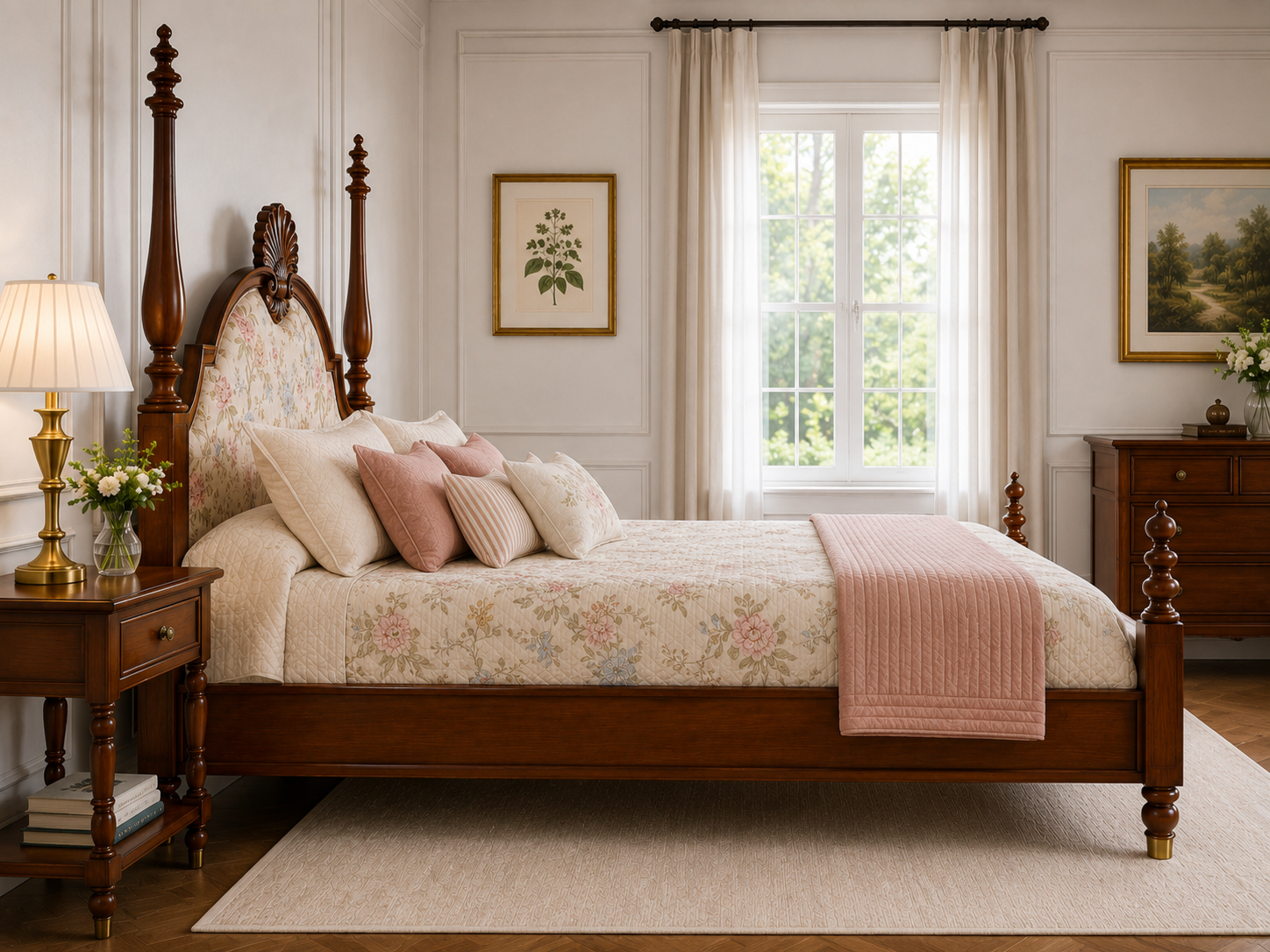 Regal Floral Upholstered Poster Bed