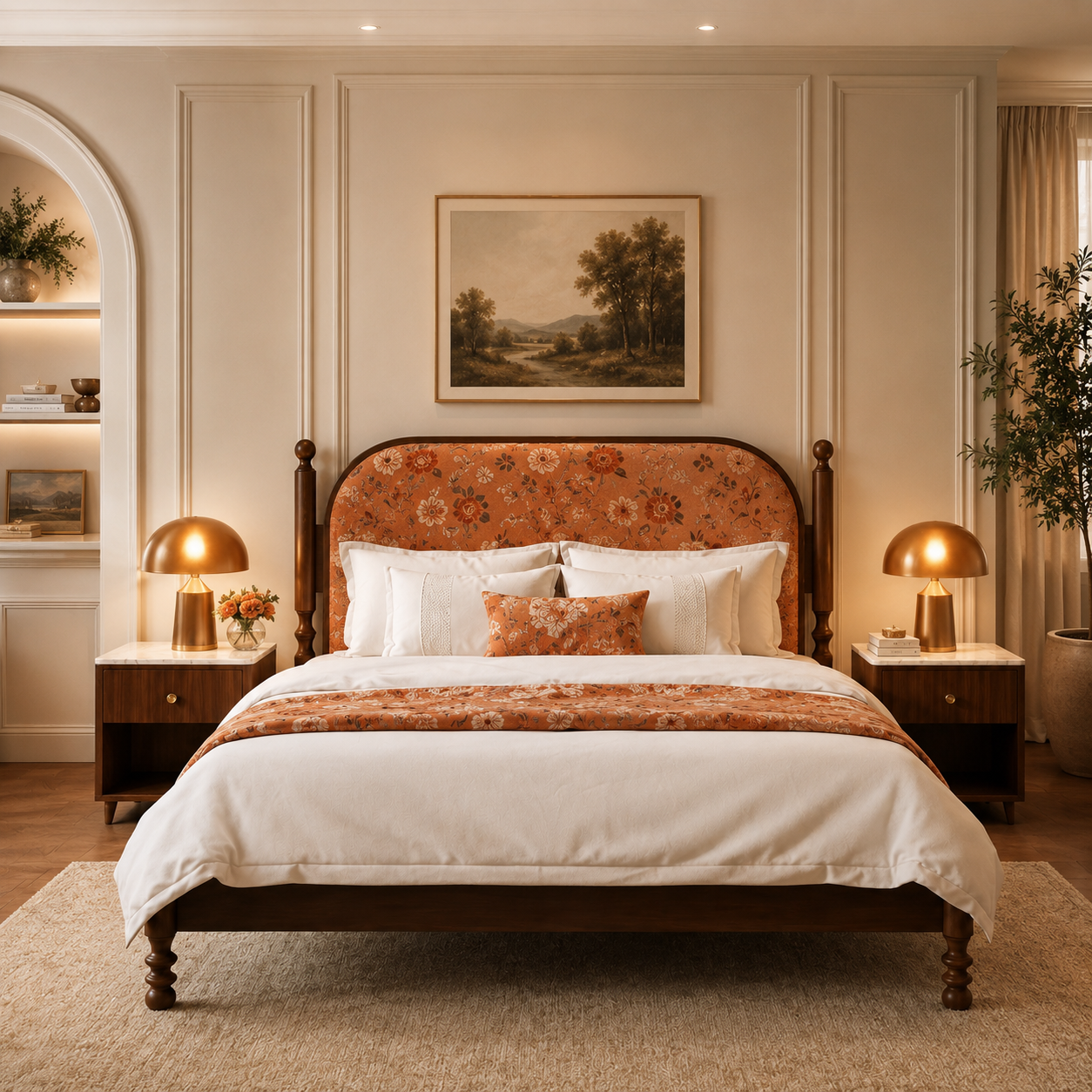 Classic Floral Upholstered Solid Wood Bed