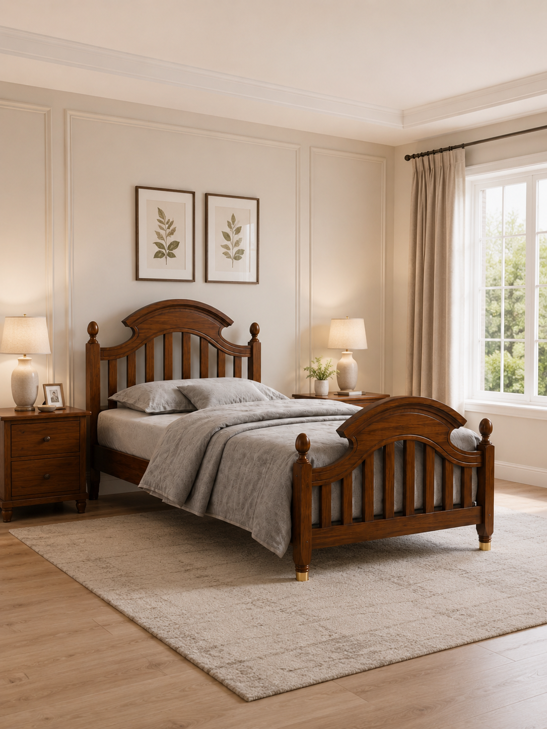 Traditional Solid Wood Single Bed with Arched Slat Headboard