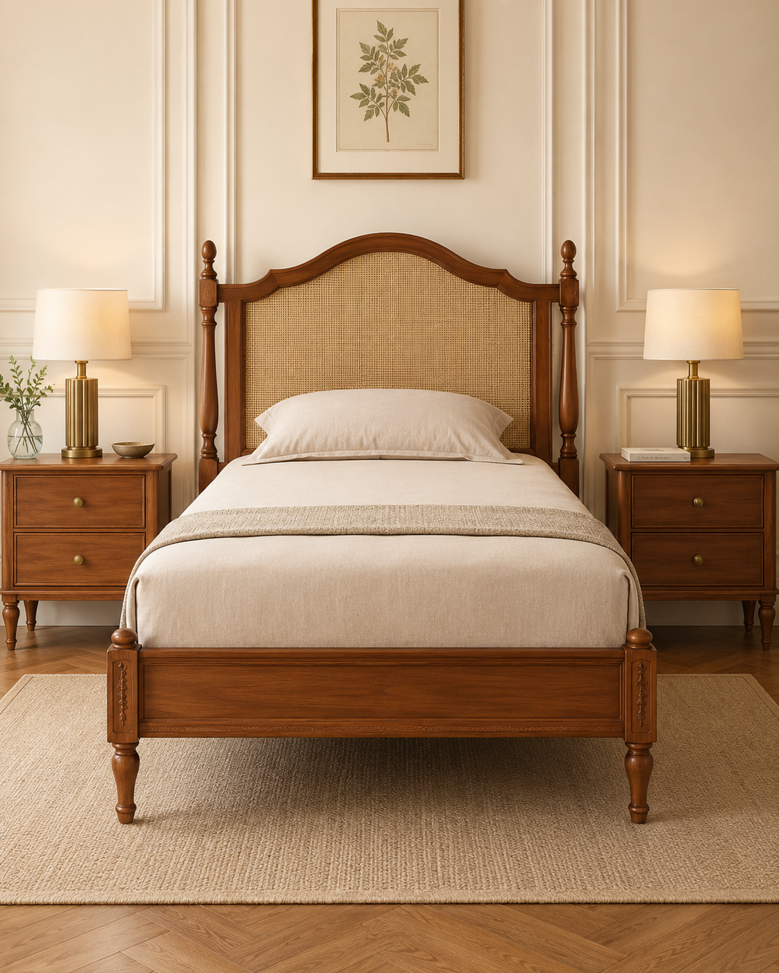 Heritage Solid Wood Single Bed with Cane Headboard