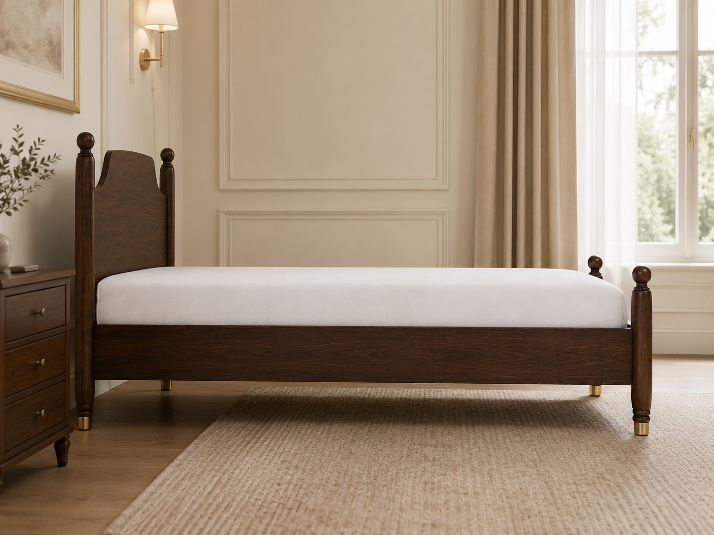 Classic Solid Wood Single Bed with Panel Headboard & Turned Posts
