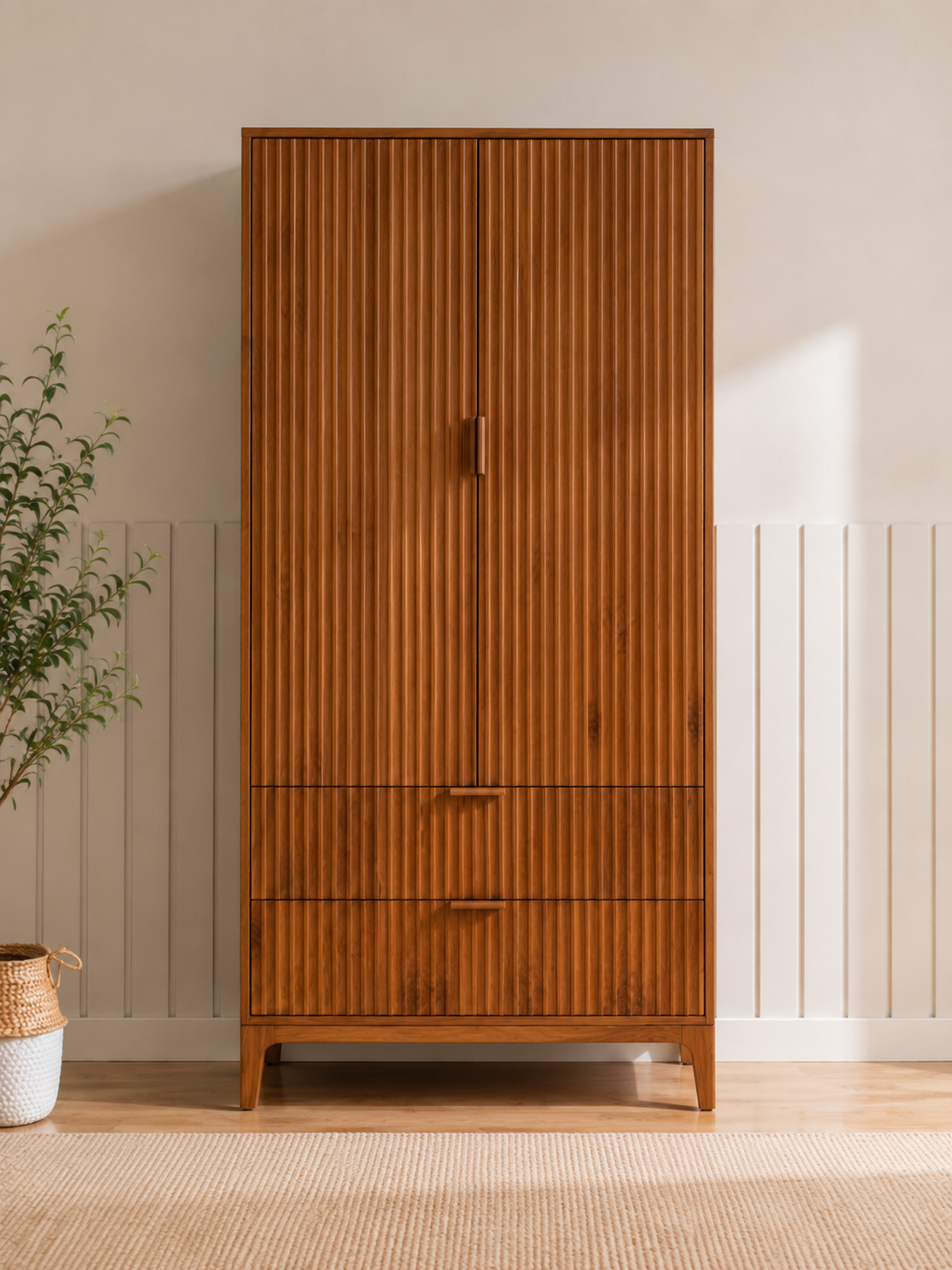 Modern Fluted Wooden Wardrobe with Drawers