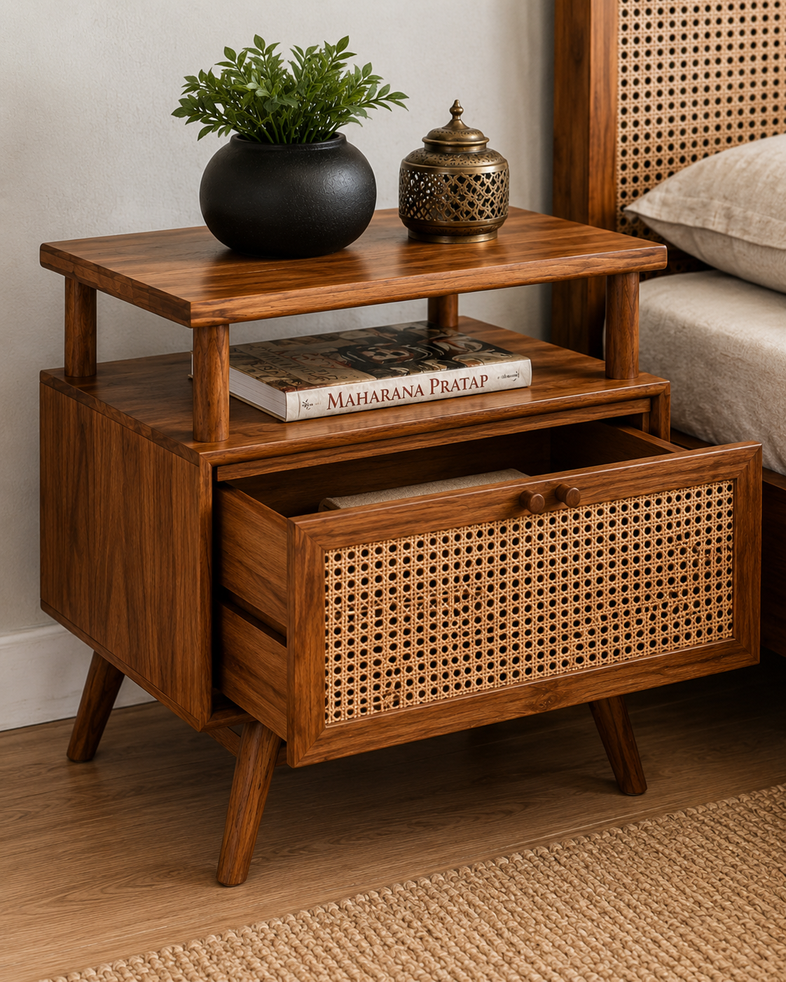 Solid Wood Cane Bedside Table with Open Shelf