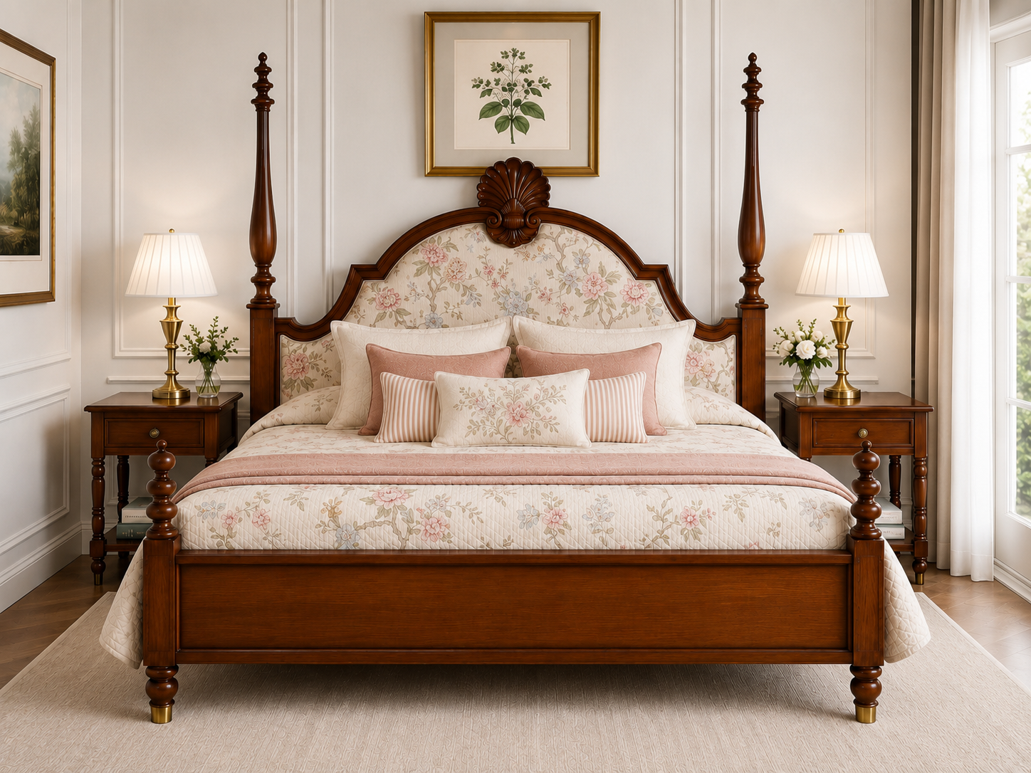 Regal Floral Upholstered Poster Bed