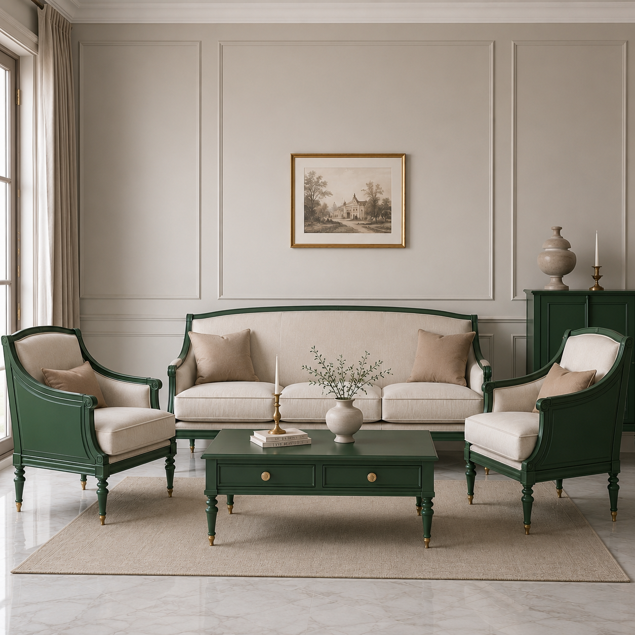 Classic Green Wooden Living Room Sofa Set (3+1+1)