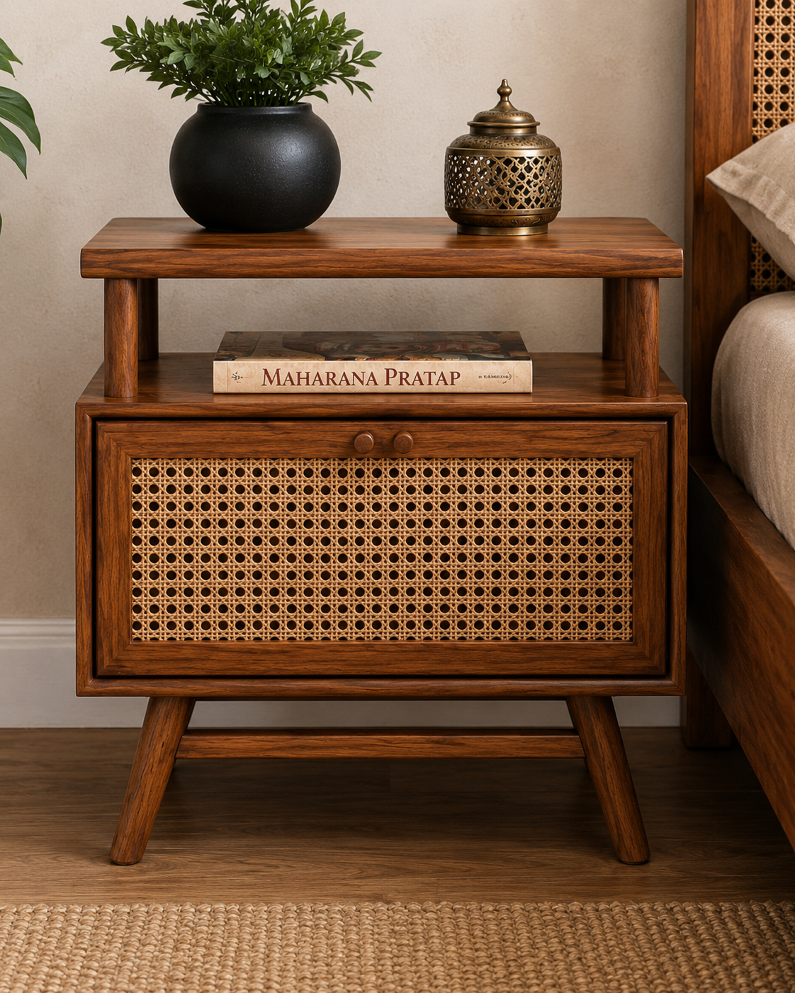 Solid Wood Cane Bedside Table with Open Shelf