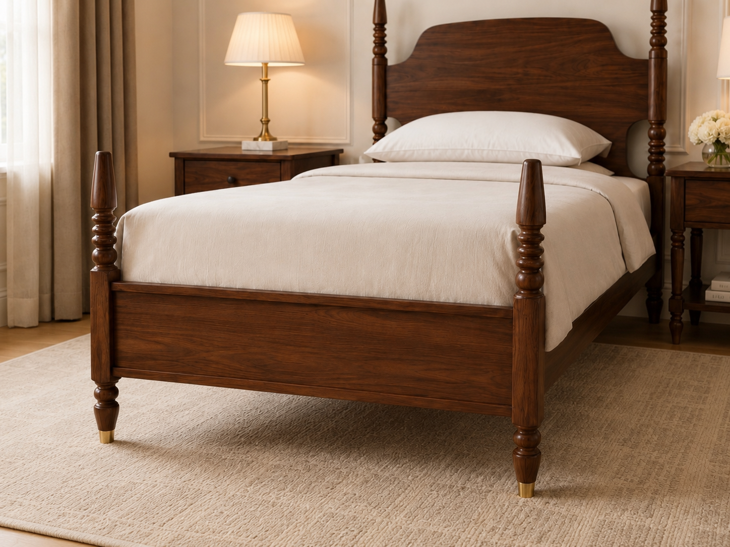 Classic Solid Wood Single Bed with Panel Headboard & Turned Posts