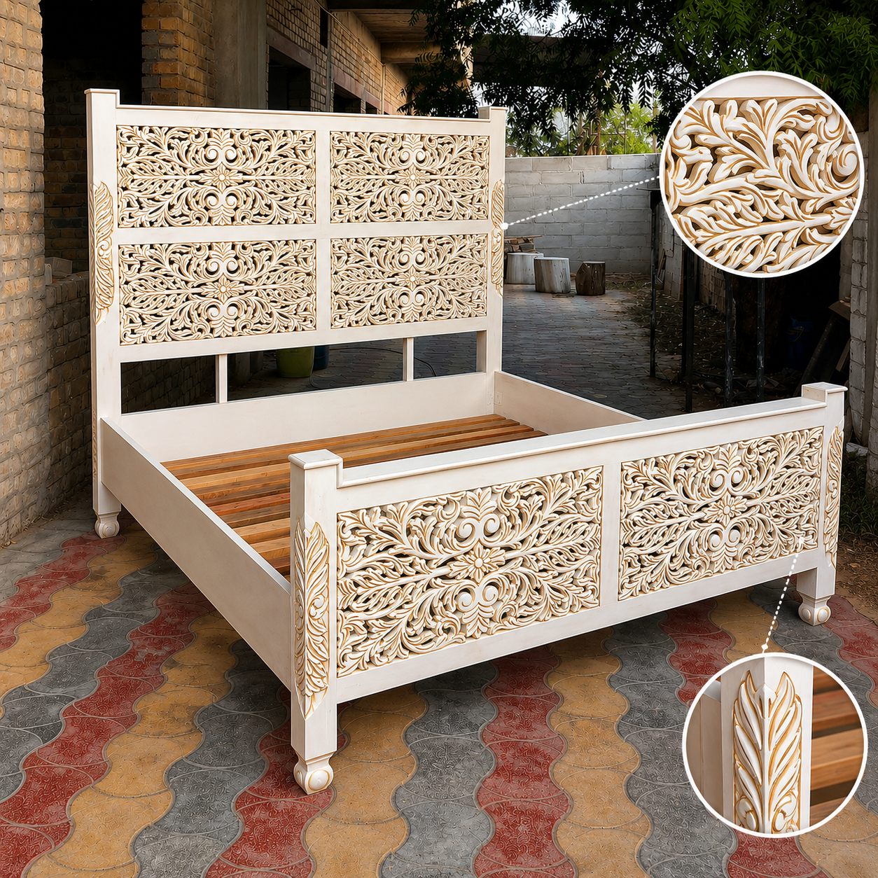 Ivory Bloom Hand-Carved Bed