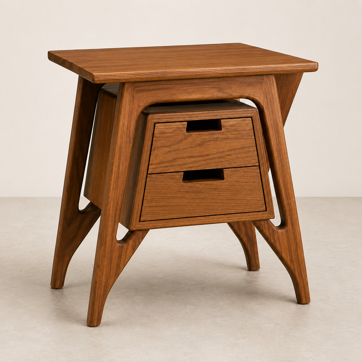 Mid-Century Solid Wood Bedside Table with 2 Drawers