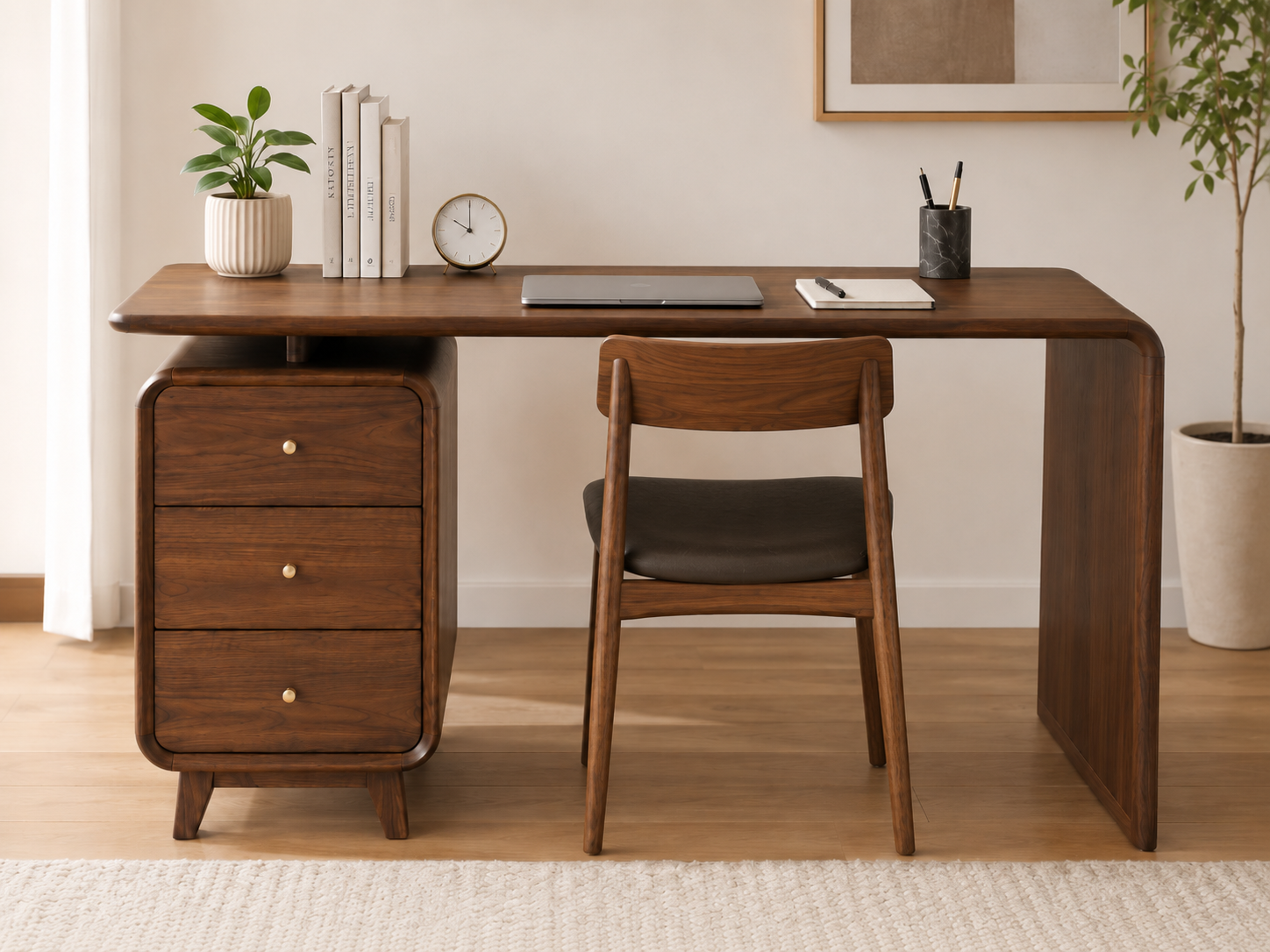 Solid Wood Writing Desk with Storage Cabinet