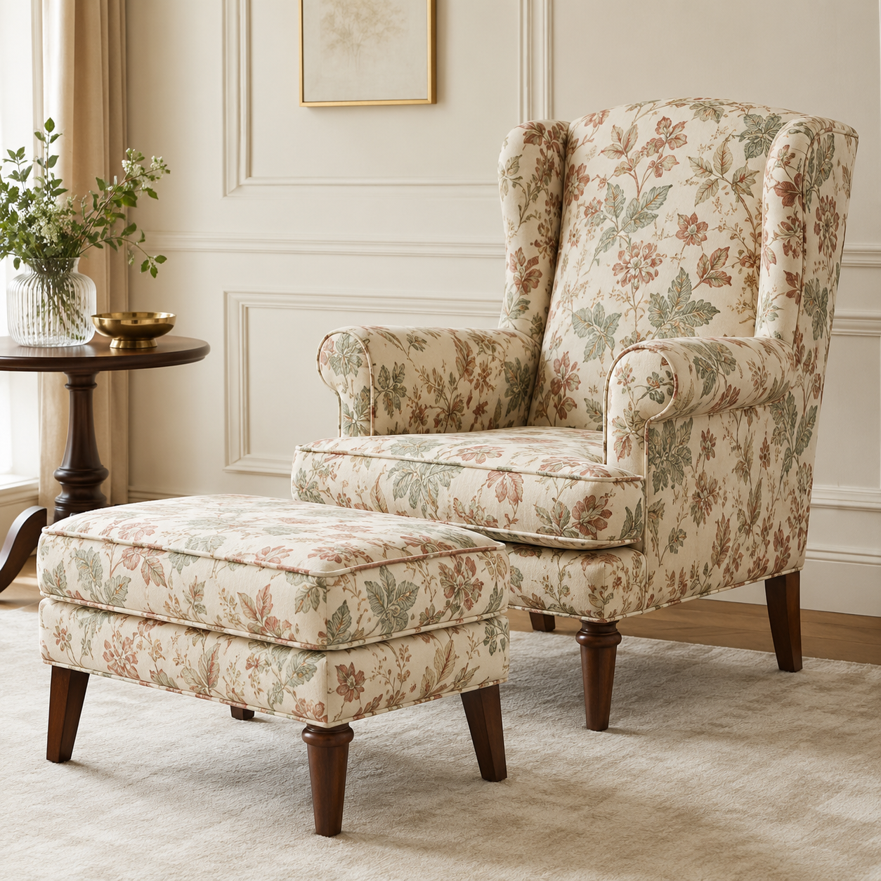 Classic Floral Wingback Lounge Chair with Ottoman