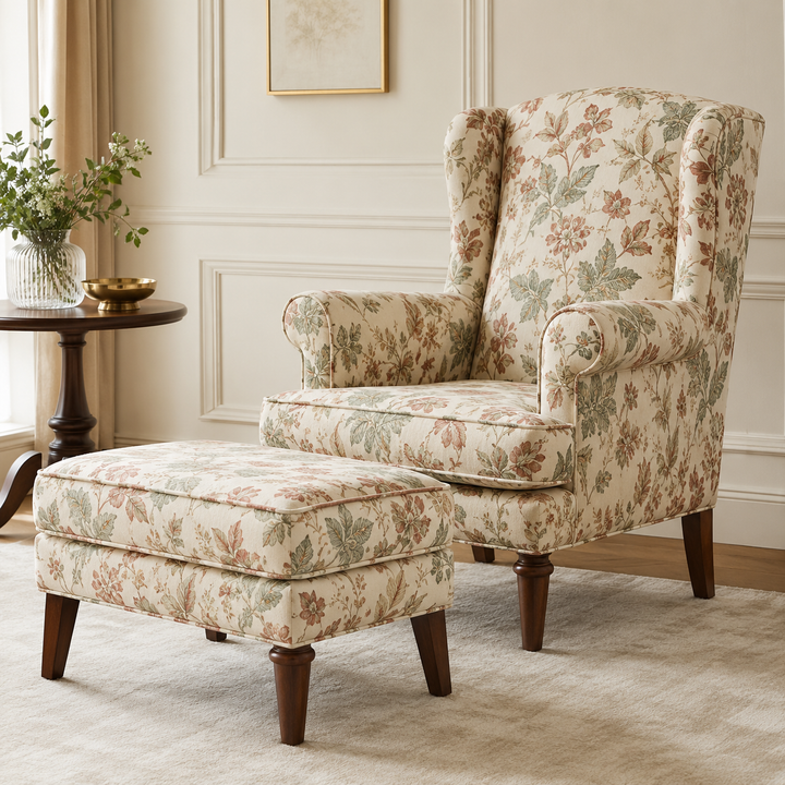 Classic Floral Wingback Lounge Chair with Ottoman