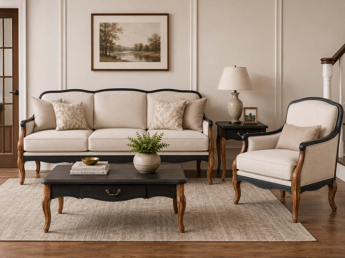 Luxury French Classic Wooden Sofa Set (3+1+1) – Cream Upholstery with Dual-Tone Finish
