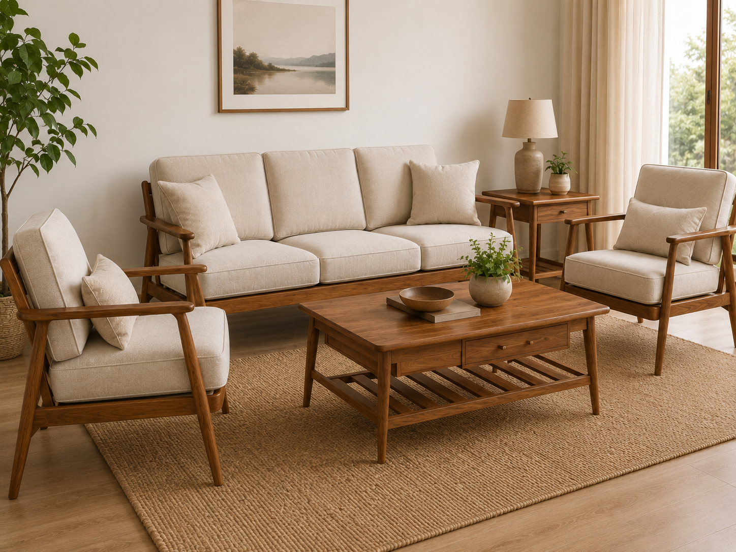 Modern Wooden Living Room Sofa Set (3+1+1)