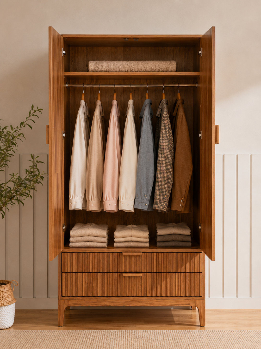 Modern Fluted Wooden Wardrobe with Drawers