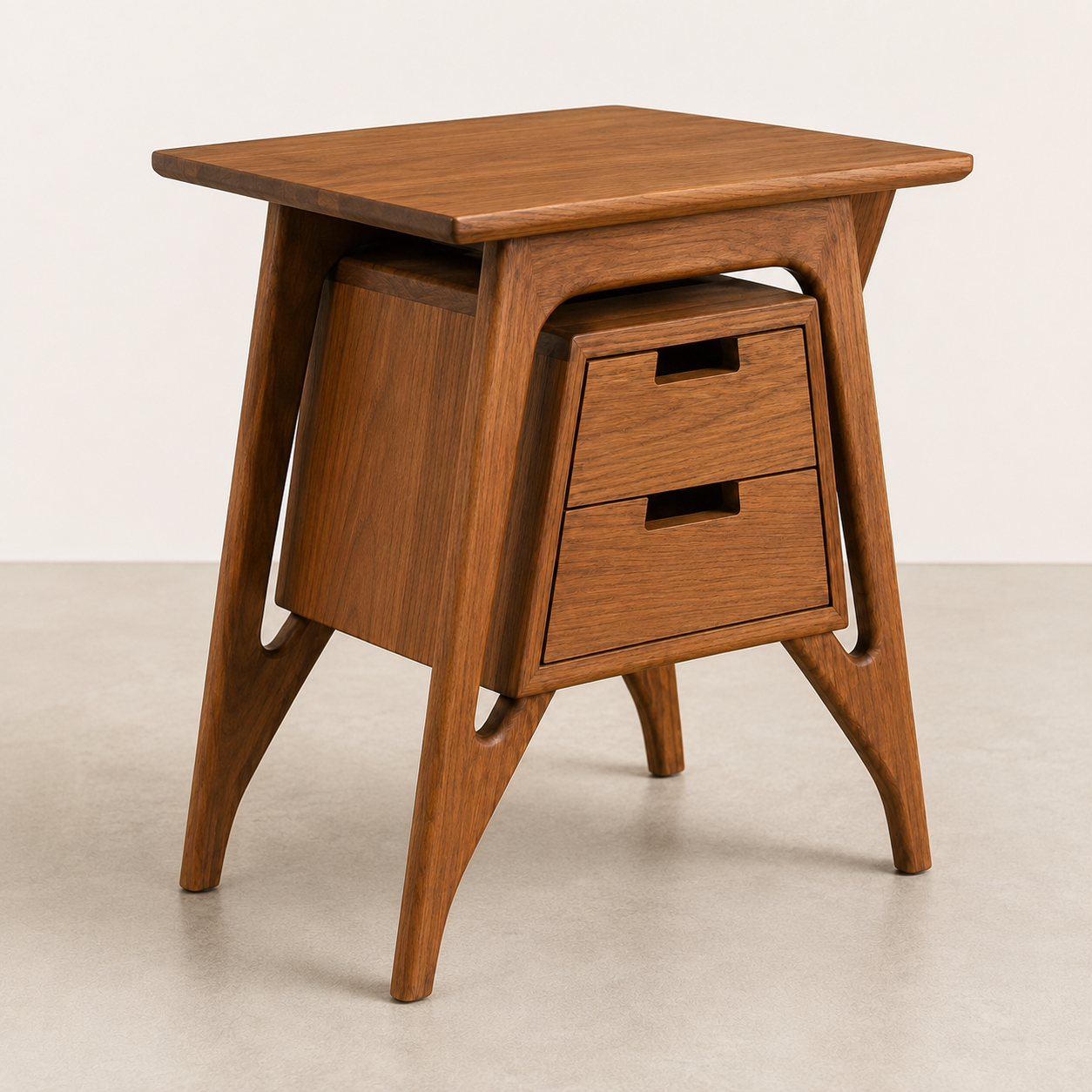 Mid-Century Solid Wood Bedside Table with 2 Drawers
