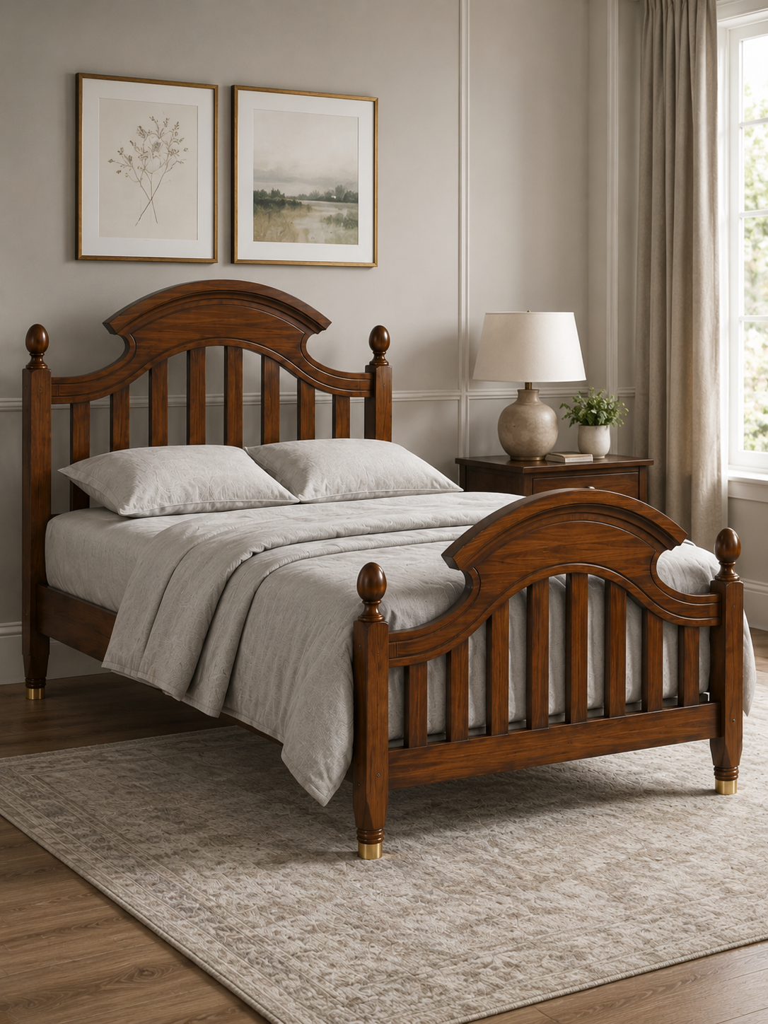 Traditional Solid Wood Single Bed with Arched Slat Headboard