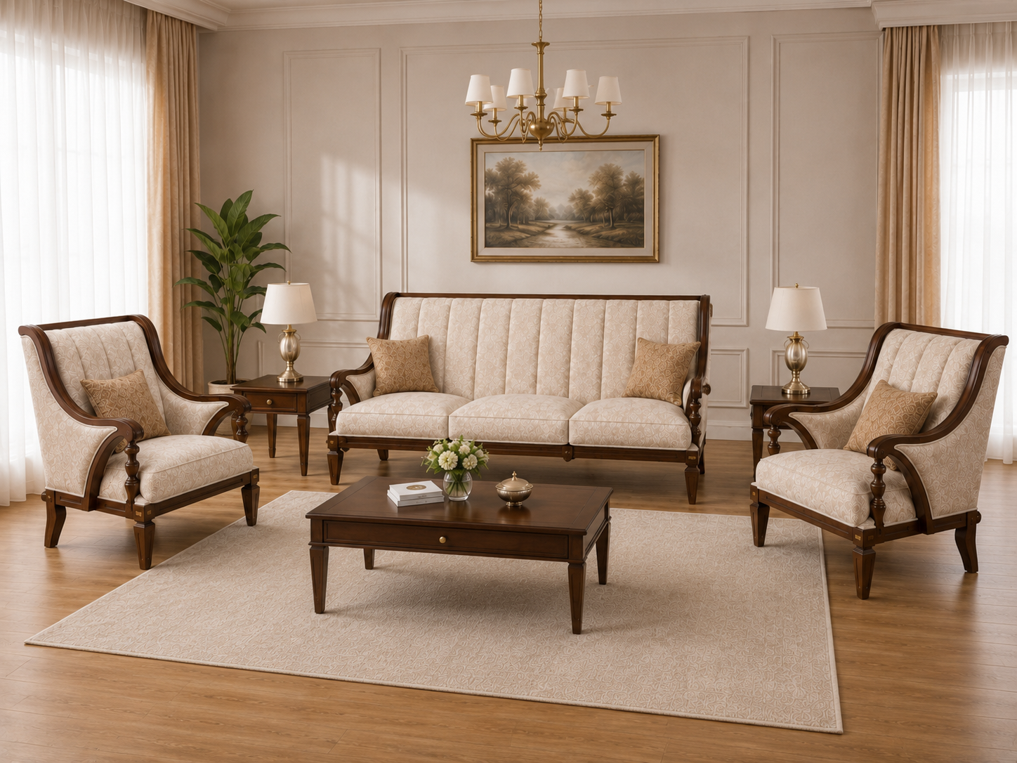 Luxury Classic Wooden Living Room Sofa Set (3+1+1)
