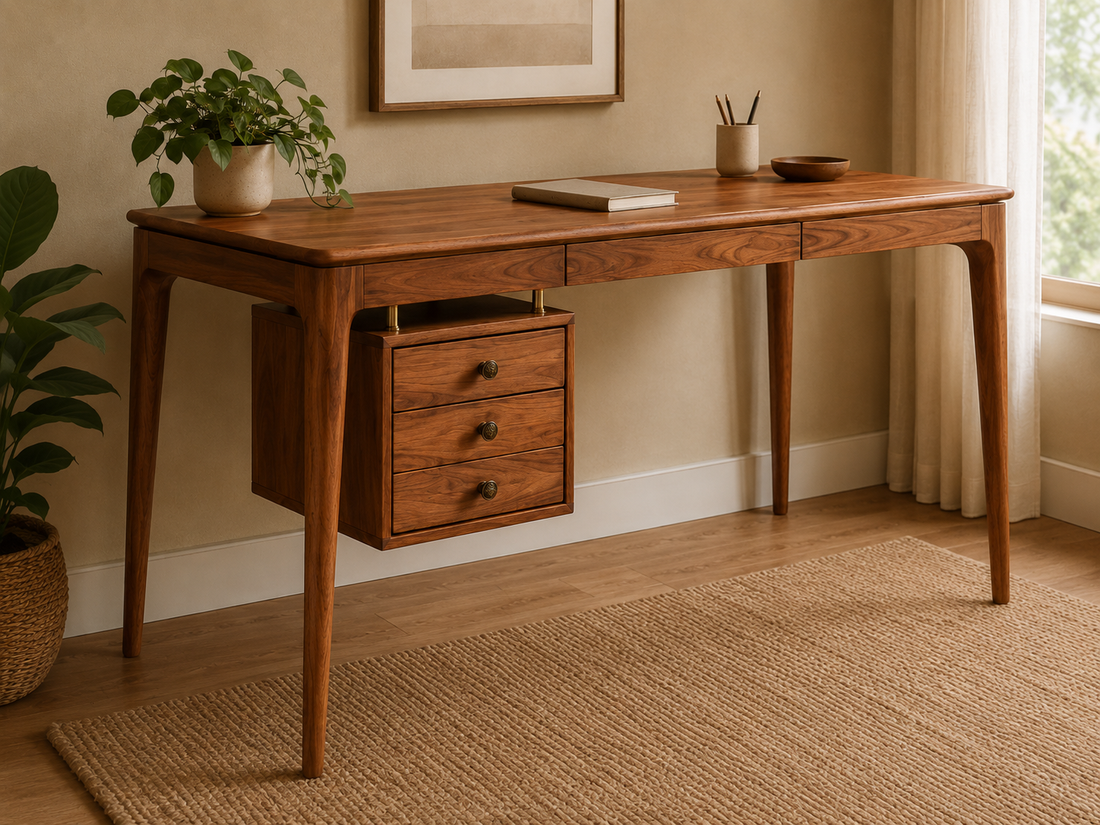 Scandinavian Executive Desk with Floating Drawer Cabinet