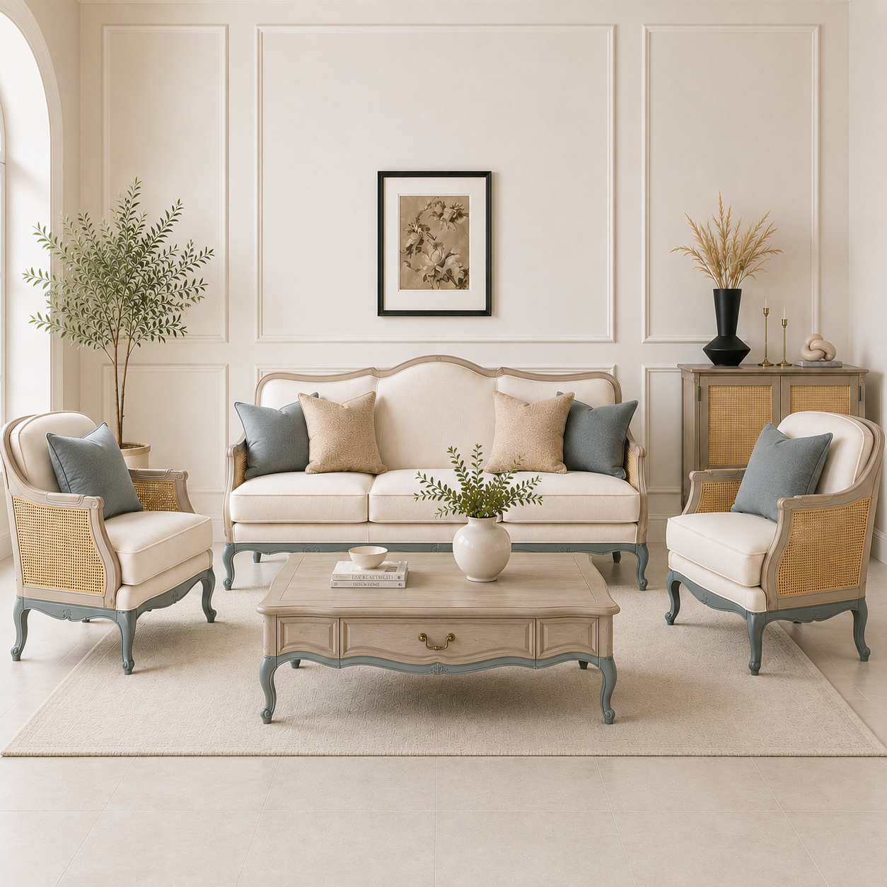 Luxury French Cane Wooden Living Room Sofa Set (3+1+1)