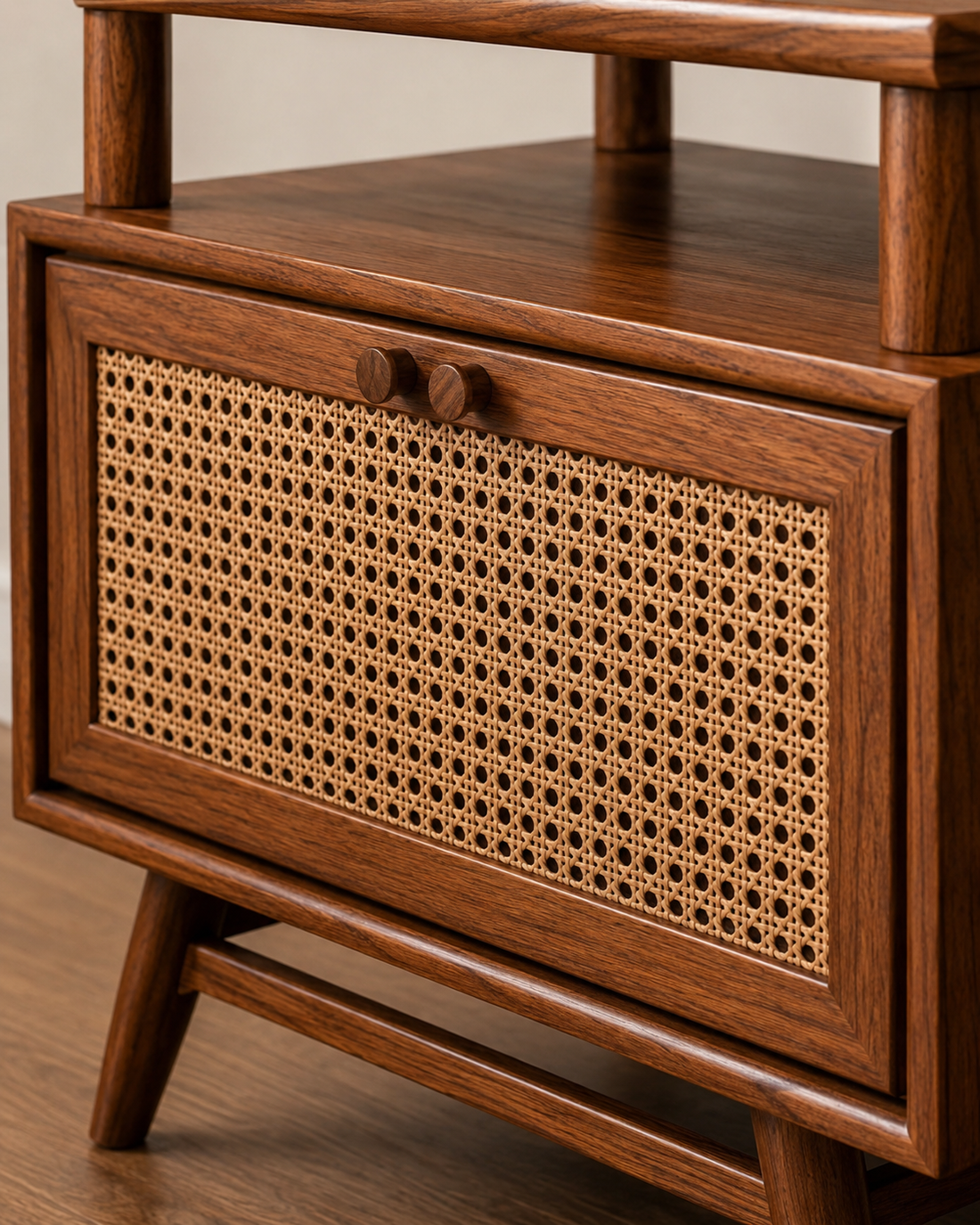 Solid Wood Cane Bedside Table with Open Shelf