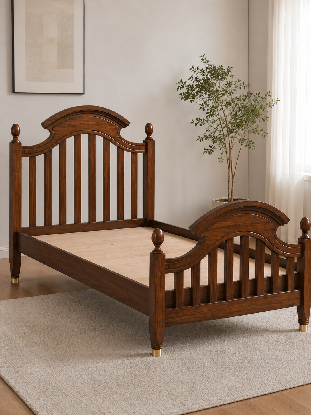 Traditional Solid Wood Single Bed with Arched Slat Headboard