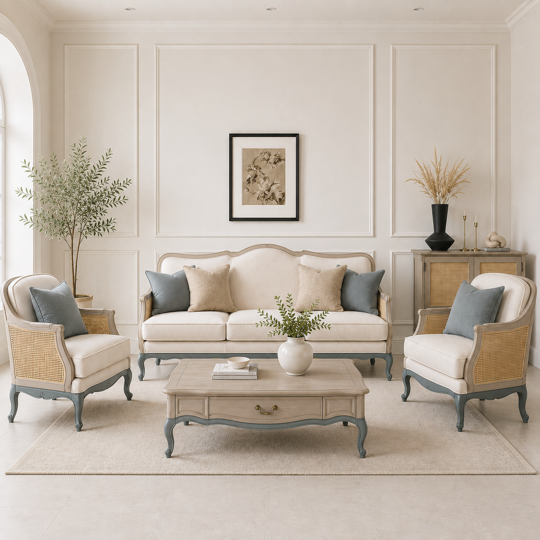 Luxury French Cane Wooden Living Room Sofa Set (3+1+1)