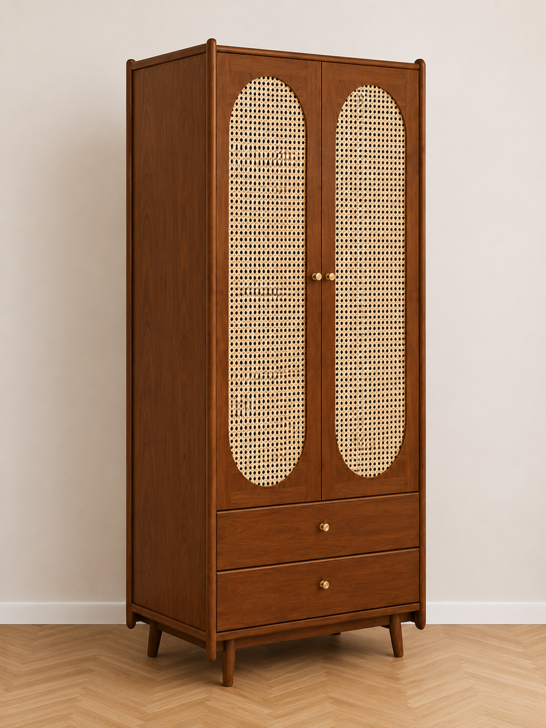 Solid Wood Cane Arch Wardrobe with Drawers