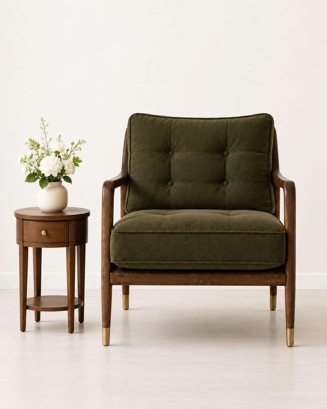 Modern Solid Wood Lounge Chair with Olive Green Upholstery