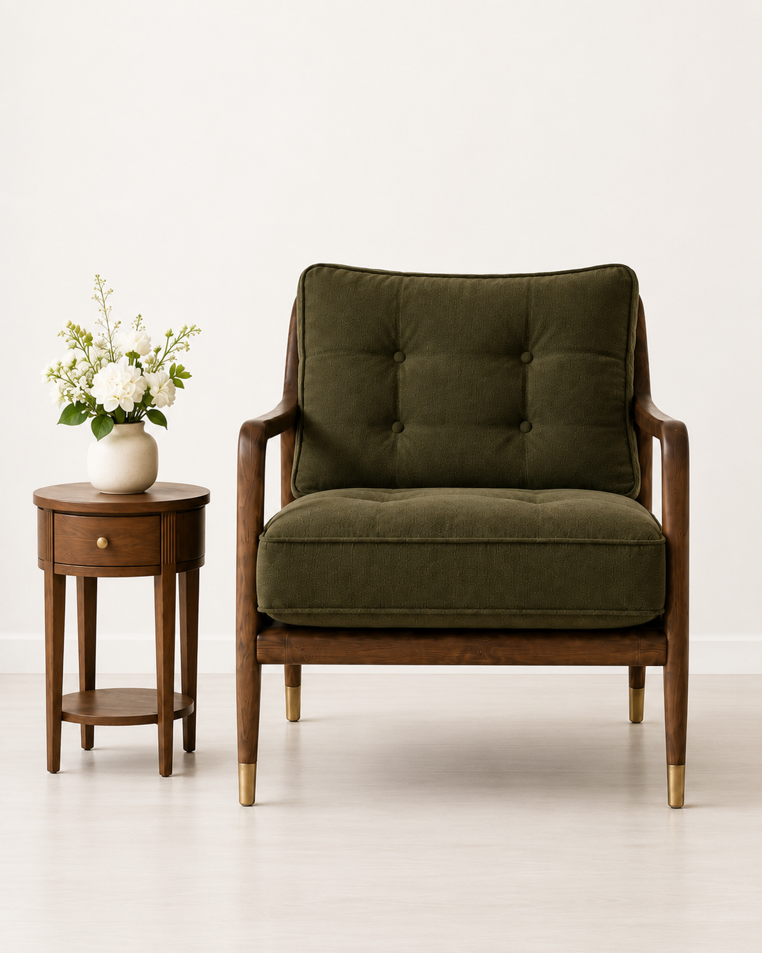 Modern Solid Wood Lounge Chair with Olive Green Upholstery