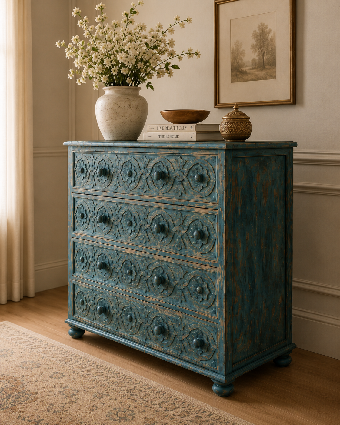 Azure Heritage Hand-Carved Chest of Drawers